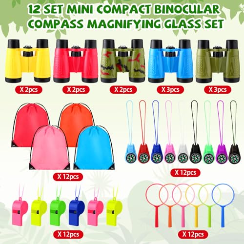 Foilswirl 12 Set Binocular Compass Magnifying Glass Set Christmas Birthday Gift Small Telescope Binocular with Whistle Bag for Outdoor Exploring Stocking Stuffer(Colorful,Camouflage)