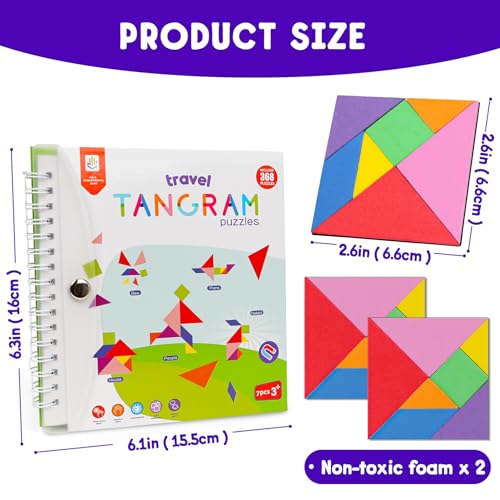 Travel Tangram Puzzle with 2 Sets Magnetic Pieces & 368 Patterns, Montessori STEM Airplane & Quiet Car Ride Games, Educational Brain Teaser Toy Gift for Kids Ages 4-8
