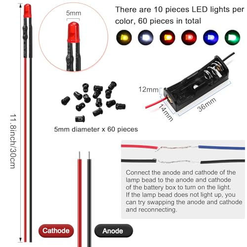 126 Pcs 12v LED Lights Kit, 60 Pre Wired LED Light Emitting Diodes 60 Plastic Lampholder 6 Battery Holder for Model Assortment Crafts Dollhouse (5 mm) - size: 5 mm