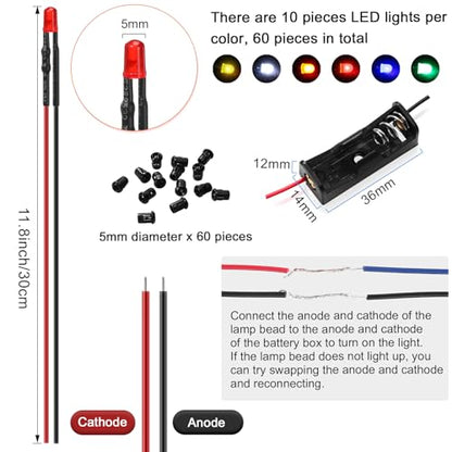 126 Pcs 12v LED Lights Kit, 60 Pre Wired LED Light Emitting Diodes 60 Plastic Lampholder 6 Battery Holder for Model Assortment Crafts Dollhouse (5 mm) - size: 5 mm