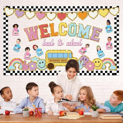 Welcome Back to School Bulletin Board Boho Groovy Preppy Patch Classroom Bulletin Board Decorations Schoolbag Paper Cutouts for Office Chalkboard Decor First Day of School Wall Door Supplies - style: Back to School