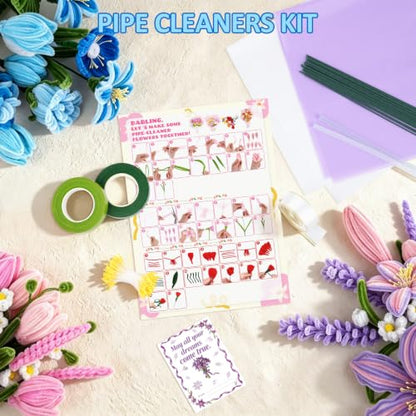 Anyeve 600 PCS Pipe Cleaners Craft, Pipe Cleaner Flower Kit in 7 Colors, Chenille Stems Bouquets, Fluffy Pipe Cleaners, Ribbons and Flower Paper, Instructions for Easy Operation, DIY Enthusiasts - color: 600PCS-7 Color