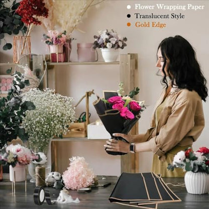 179Pcs Flower Wrapping Bouquet Paper Kit with 20 Sheets Black Floral Wrapping Paper,100 Pcs Diamond Bouquet Pins, 48Pcs 3D Gold Butterflies,1Roll Ribbon,10 Cards for Graduation Birthday Wedding DIY Craft