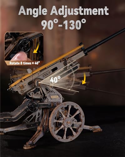ROKR Anti-Aircraft Gun Mechanical Model Gun Kit, 3D Wooden Puzzles for Adults, DIY Rubber Band Guns Toy, DIY Building Model Kits