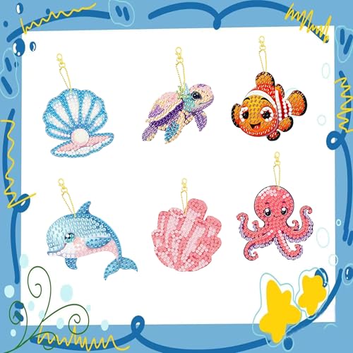 12 PCS Diamond Art Keychain Kits, DIY Diamond Painting Crafts, Beginner Art Kit, Arts & Crafts Gift - color: Marine Animals