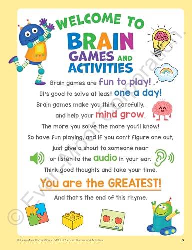 Evan-Moor Brain Games and Activities for Kids, Ages 4-5, Workbook, Hidden Pictures, Mazes, Sticker Activities, Logic Puzzles, Drawing, Critical Thinking, Audio, Alphabet, Word Families, Counting