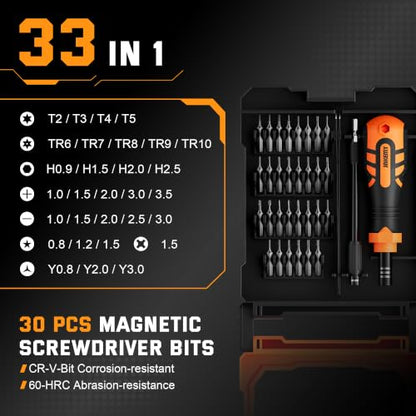 JAKEMY Portable Precision Screwdriver Set, 33 In 1 Mini Manual Screwdriver Set Include 30 Magnetic Screwdriver Bits, ESD Tweezer and Flexible Shaft for Computer, Phone, Watch, Eyeglass, PS5 - color: Jm-fo033