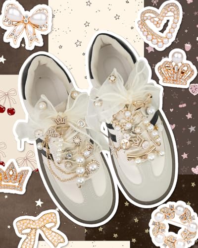 DoDoBeads 68 Pcs Shoe Charms for Sneakers, Elegant Sneaker Charms Kit with Pearls, Crowns, Ribbons & Satin/Lace Shoelaces, Sock Charm for Women, DIY Shoe Lace Decorations - style: Royal Pearl