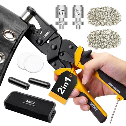 XOOL 2-in-1 Grommet Tool Kit, Tool-Free Quick-Change 3/8" (10mm) & 1/2" (12mm) Heads, Heavy Duty Kit with Magnetic Positioning, 400 Sets Grommets & Washers for Tarps, Canvas, Fabric and Leather - size: 1/2" & 3/8" Grommet Tool Kit