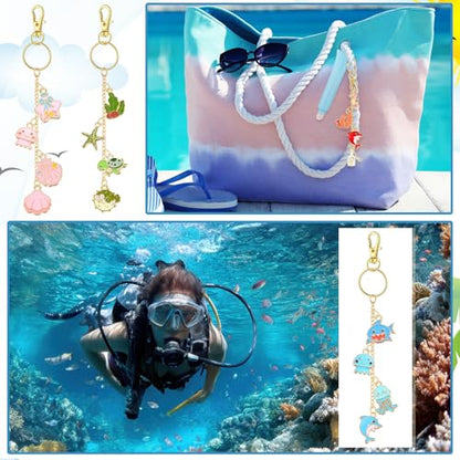 VioraWhite 213 Pcs Ocean Theme Keychain Making Kit Summer Bag Charm Kit Lip Gloss Keychain 100 Enamel Charms 32.81 ft Gold Chains for DIY Crafts Women - style: Ocean Theme
