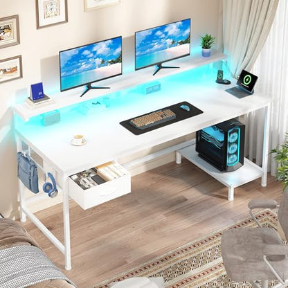 DurayLoly 47.2" Computer Desk with Power Outlet & Fabric Drawer,White - color: White, size: 47.2 IN