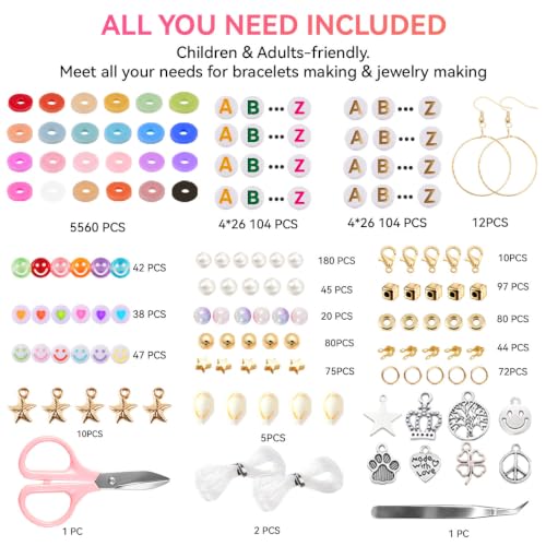 torbers 6000 Pcs Clay Beads Bracelet Making Kit, 24 Colors 6mm Flat Preppy Polymer Beads with Charms, Letter Beads and Elastic Strings, DIY Jewelry Making Set for Friendship Bracelets