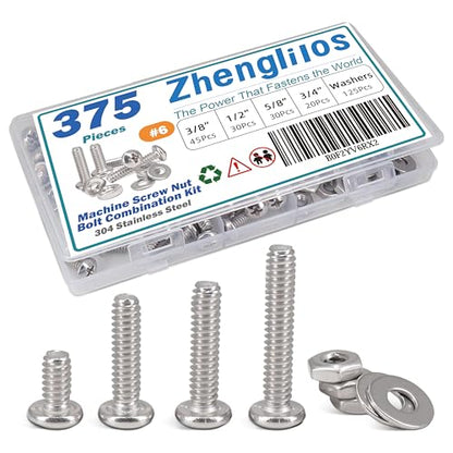 375PCS Bolt Combination kit # 6 Machine Screw with Locking Washer and Flat Washer, 304 Stainless Steel Phillips Round Head Screws nut and Bolt kit(3/8 inch, 1/2 inch, 5/8 inch, 3/4 inch) - size: 3.5 mm, style: Round head machine screw