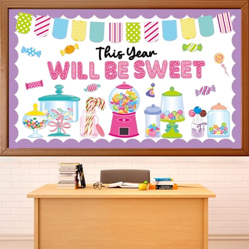 QOUBAI Candy Bulletin Board Set Sweet Theme Classroom Bulletin Board Decorations Pink Gumball Machine Cutouts Classroom Decorations for Back to School Office Home Chalkboard Decor Wall Door - style: Candy