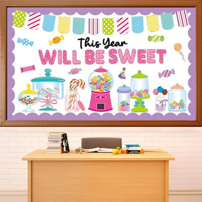 QOUBAI Candy Bulletin Board Set Sweet Theme Classroom Bulletin Board Decorations Pink Gumball Machine Cutouts Classroom Decorations for Back to School Office Home Chalkboard Decor Wall Door - style: Candy