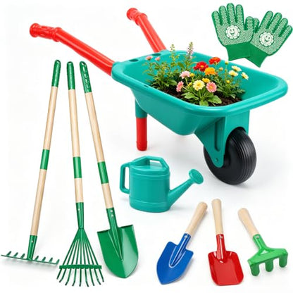 CUTE STONE Kids Gardening Set with Wheelbarrow, Kids Shovel and Rake Set - style: Dual-length