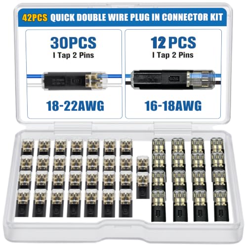 Wire Connectors Kit for 16-22 AWG,Low Voltage Quick Double Wire Plug in Connector,Solderless No-Stripping T Tap Wire Connector,2-Pins and 1-Pin Splice Terminals (Black- 16-22 AWG) - color: Black- 16-22 AWG