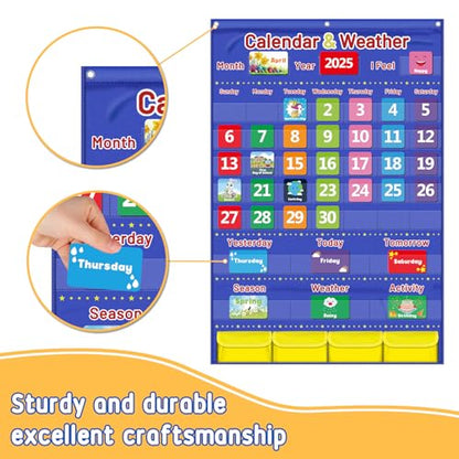 Blue Classroom Calendar Pocket Chart for Kids - Monthly Weather Seasons Learning Chart with 113 Cards | Teacher Must Haves for Kindergarten, Preschool, Homeschool | Interactive Educational Wall Chart - color: Blue