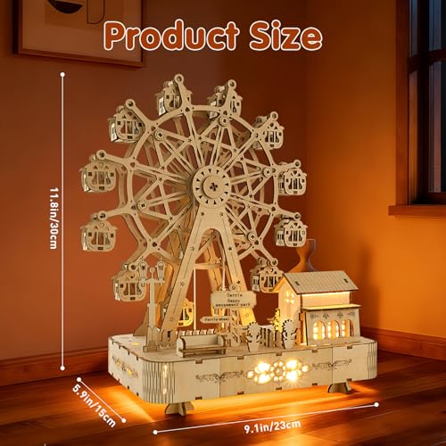 3D Wooden Puzzles for Adults,Musical Ferris Wheel Kit with Lights & Music Box,Room Home Decor DIY Rotating Ferris Wheel Kit for Men Women,Christmas Birthday Gift for Family Friends - style: Rotating ferris wheel