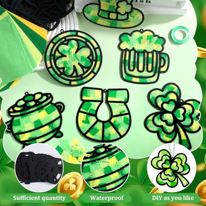 Qyeahkj 36 Set St. Patrick's Day Suncatchers Crafts for DIY Shamrock Window Tissue Paper Craft Kit Hanging Decor for St. Patrick's Day Home Activity Art Project Birthday Party Favor - style: Lucky Shamrock