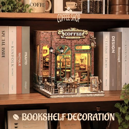 Coffee Shop Book Nook Kit DIY Miniature House with LED Lights, 3D Wooden Puzzle Bookshelf Insert for Adults, Double Door Mini Dollhouse Building Kit, Creative Home Decor Gift for Women & Men - style: Coffee Shop