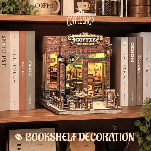 Coffee Shop Book Nook Kit DIY Miniature House with LED Lights, 3D Wooden Puzzle Bookshelf Insert for Adults, Double Door Mini Dollhouse Building Kit, Creative Home Decor Gift for Women & Men - style: Coffee Shop