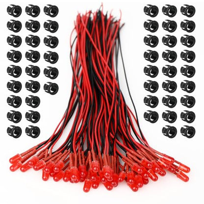 50 Pcs 5MM Red Pre-Wired LED Diodes, 620-630nm 3-12V DC with Current Limiting Resistor & Mounting Rings, 120° Diffused Lens for US Model Making, Car Indicator - color: Red / 50 Pcs
