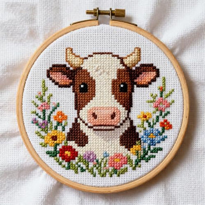 DIY Cross Stitch Kits Jersey Cow Flowers with Hoop 20x20cm - color: 05-Jersey Cow