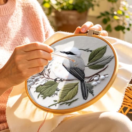 FONNUY Wild Birds Embroidery Kit, Pre-Stamped Green Tree Bird Patterns Kits for Adults and Beginners, Handmade DIY Crafts Set, Color Thread Needlework, 8'' Hoop (Chubby Little Bird) - color: Chubby Little Bird