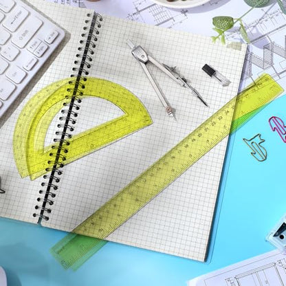 Zonon 3 Pcs 12" Clear Plastic Ruler 6 Inch Protractor Compass Set, Yellow - color: Yellow, size: 12 Inch