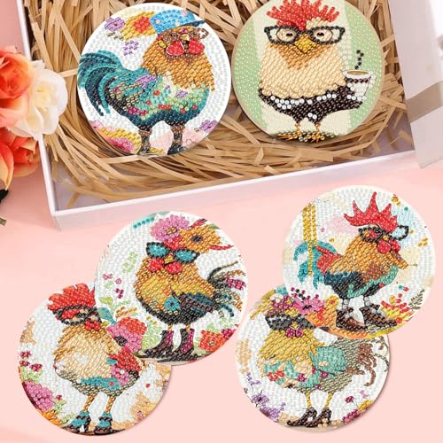 Diamond Art Coasters Kit, 8 Pieces Chicken Diamond Painting Coasters Kit - color: Chicken