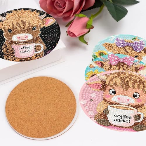 mrpwnle Diamond Art Coasters Kits, 8 Pcs Cow Diamond Painting Coasters Kits - color: Coffee Cow