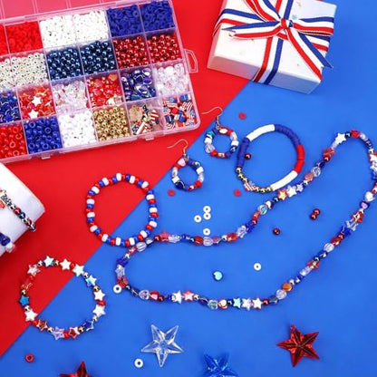 UPINS Patriotic Bracelet Making Kit Red White Blue Beads for 4th of July - color: Red White Blue