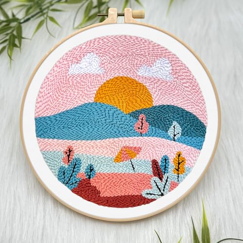 ERKOON Punch Needle Kit Adults Beginners, DIY Easy Landscapes Embroidery Set for Starter Art Craft, Needling Punch Project with Patterns, Tools, Yarns, Hoop, Instruction (Summer) - color: Summer