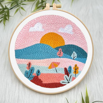 ERKOON Punch Needle Kit Adults Beginners, DIY Easy Landscapes Embroidery Set for Starter Art Craft, Needling Punch Project with Patterns, Tools, Yarns, Hoop, Instruction (Summer) - color: Summer