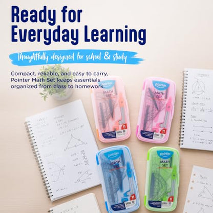 Pointer Math Set 11-Pieces Geometry Kit – Includes Compass, Ruler, Protractor & More – 1 Random Pastel Color from 4 Options – Back-to-School Geometry Kit for Students