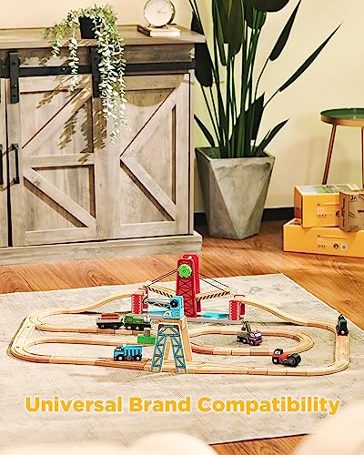 SainSmart Jr. Wooden Train Track 52 PCS, Track Expansion Compatible with All Major Brands Toddler Railway Toy Train Set Boys Train Set 3+