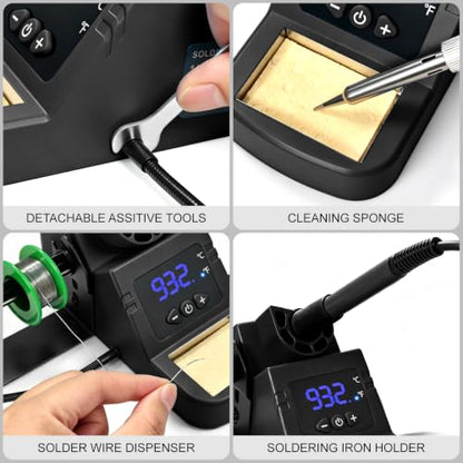 Soldering Station, 130W Digital Display Soldering Iron Station Kit with 2 Helping Hands, 356°F-932°F, Auto Sleep, Solder Wire, 5 Tips, Solder Sucker, Sponge, Tweezers, Tip Cleaner, Black