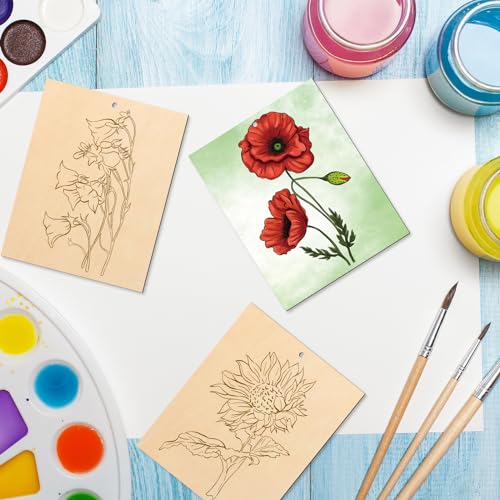 COCHIE 10 Pieces Large Flowers Unfinished Wood Crafts to Paint for Adults, Bulk Predrilled Wooden Ornaments for Painting, Tulips Flower Paintable Wood Slices Craft Supplies with Ropes - color: Flowers