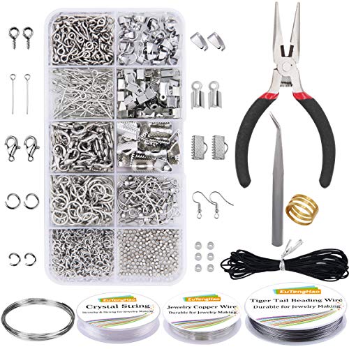 EuTengHao Jewelry Making Kit with Pliers, Wires, Jump Rings, Clasps, Cord and More for Jewelry DIY Crafts - Silver