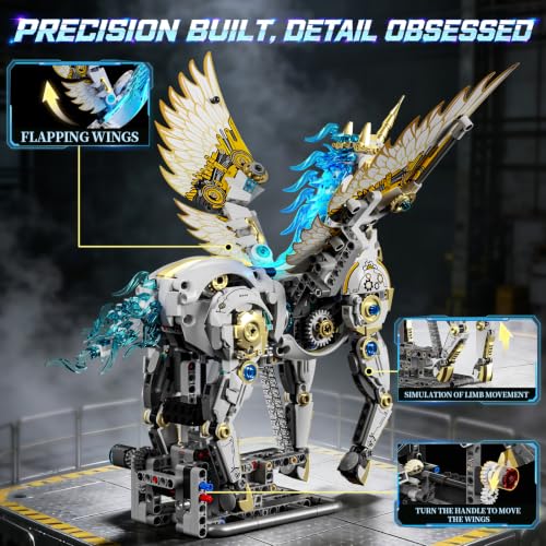 Mechanical Unicorn Building Set, 1499 PCS Building Blocks Set with Hand Crank, LED Lights & Poseable Wings, Christmas Birthday Gift Toy for Boys Teens Adults Aged 8-12+, Home Decor Display - size: UNICORN