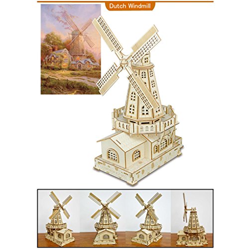 3D Wooden Puzzles Laser Engraving DIY Safe Assembly Constructor Kit Toy for Teens and Adults, World Famous Buildings Mechanical 3-D Models for Self-Assembly (C2 Dutch Windmill)