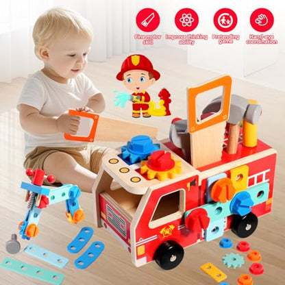 GAIETYDIY Toddler Kids Tool Set - Wooden Tools with Firetruck Shaped Box - color: Truck