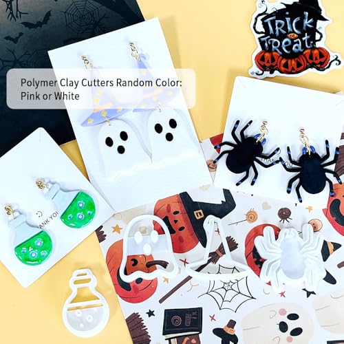 Xaekicr Halloween Polymer Clay Cutters Set – 8Pcs Halloween Clay Earring Cutters with Ghost, Witch Hat, Bat, Spider – Polymer Clay Molds & Clay Tools for DIY Jewelry - color: 2B color