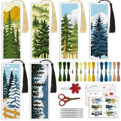 ACRNIGHEET 6PCS Cross Stitch Bookmark Kit for Beginner Pine Stamped Cross Stitch Kits Needlepoint Kit for Adults DIY Tassel Embroidery Bookmark Kits with Instructions Craft Gift 8.5"x3" 11CT - style: Pine Tree Patterns
