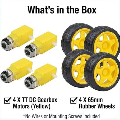 4 Sets TT Motor and Wheels Kit: DC 3V-6V Dual Shaft Gear Motor 200RPM 1:48 Ratio with 65mm Rubber Tires for Arduino Smart Car Chassis, DIY STEM Robotics Projects (No Wires Included)