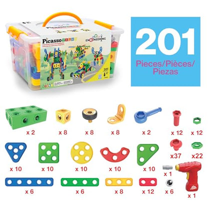 PicassoTiles 201pc STEM Learning Block Construction Kit with Power Drill and Clickable Ratchet Educational Engineering Toy Set Kids Age 3 Plus Preschool Activity Creative Play with Idea Book PTN201 - color: 201pcs Transformation