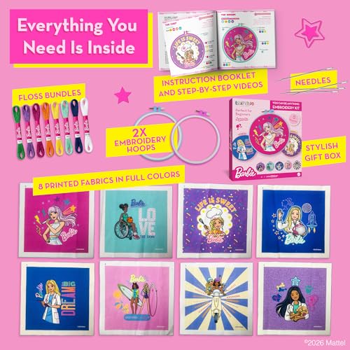 Barbie® Embroidery Kit for Kids Ages 8-12 - 8 Beginner Designs, 2 Hoops - color: Barbie Embroidery Kit