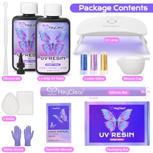 HeyClear UV Resin Kit with Light, Molds 200g Clear UV Epoxy Cure for Crafts - size: Curated Light Kit