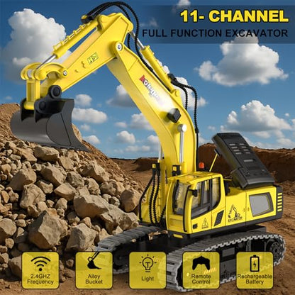 kolegend Remote Control Excavator Toy 16 Inch, 11 Channel RC Construction Vehicles Hydraulic Haulers Digger Toys Gift for 6+ Years Old Kids Boys - color: Yellow